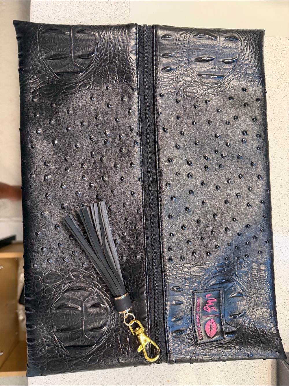 Black Faux-Ostrich Tassel Cosmetic Bag